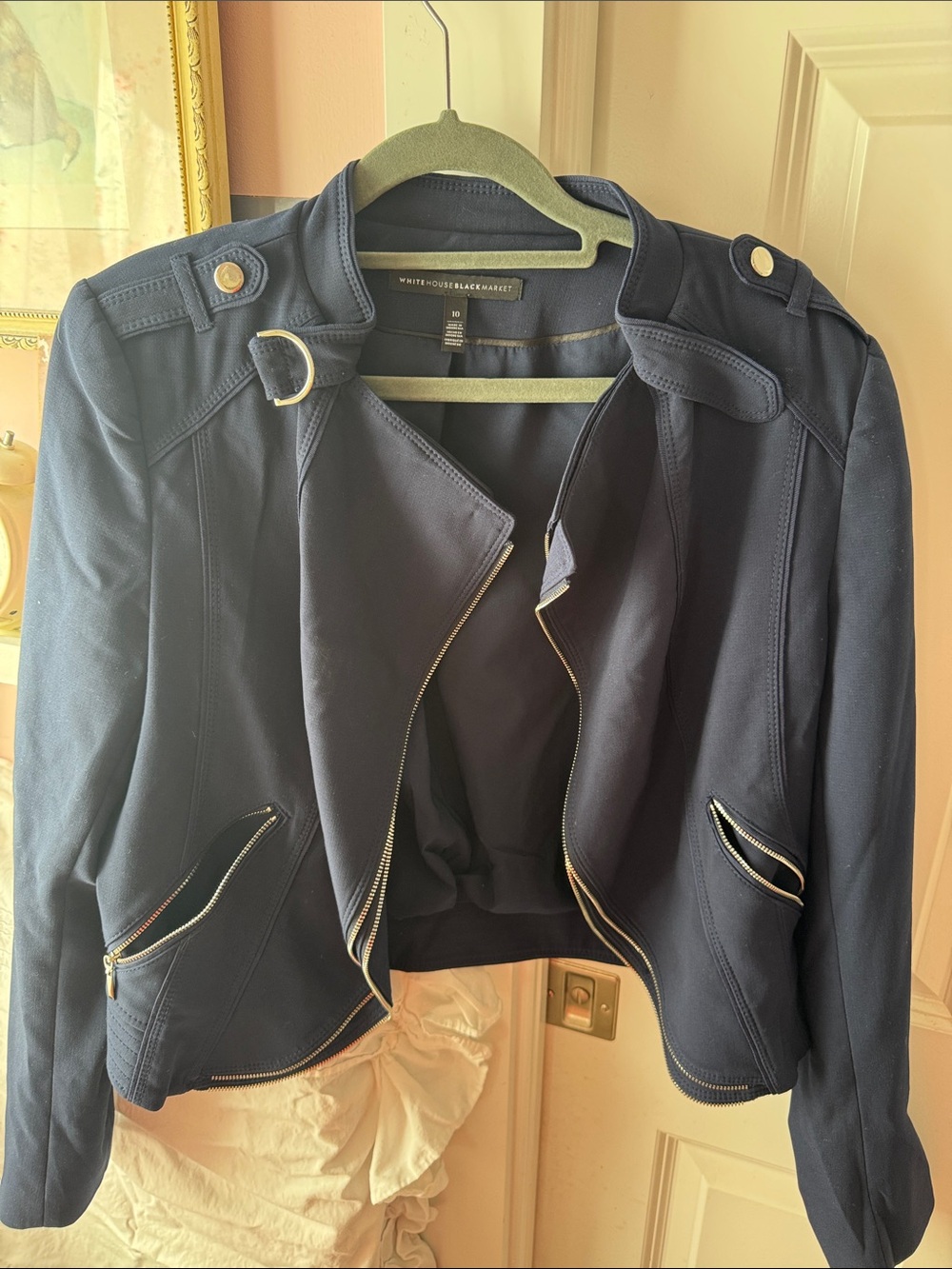 White House Black Market Navy faux Zip Moto Jacket with Gold Accents Sz 10
